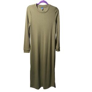 Old Navy Women Olive Green Ribbed Knit Long Sleeve Midi Dress Side Slit Medium
